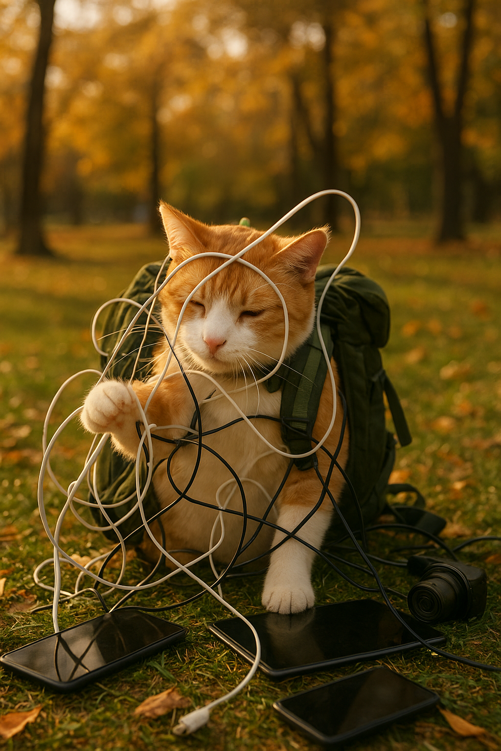 Workaway Tech's cat, Meo, looks hilariously perplexed after getting himself tangled in a dense 'forest' of charging cables and computer wires on a desk.