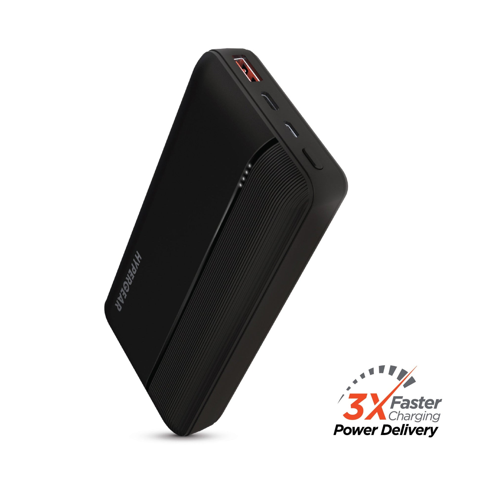 Black HyperGear 20000mAh power bank charging a laptop via USB-C”, “20W PD portable charger with phone and laptop