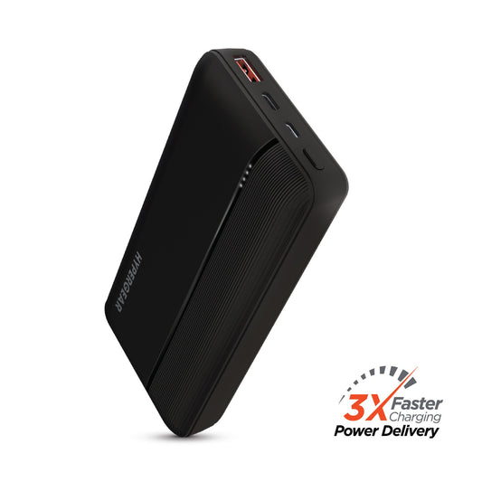 Black HyperGear 20000mAh power bank charging a laptop via USB-C”, “20W PD portable charger with phone and laptop