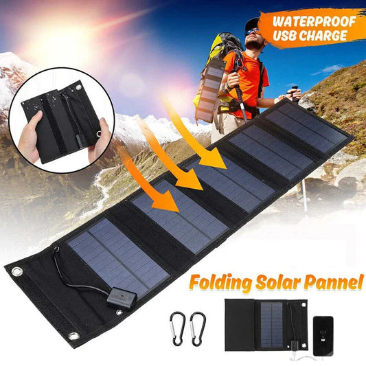 22W portable solar panel charging a smartphone via USB”, “Foldable solar charger shown open and closed
