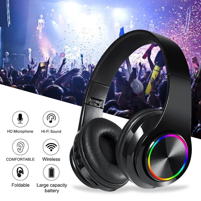 Workaway Tech | Super Bass Wireless Bluetooth Headphones with LED Lights (Foldable)