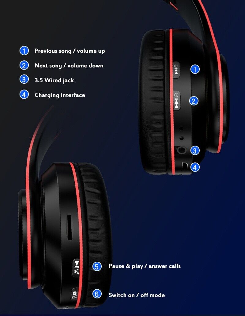 Workaway Tech | Super Bass Wireless Bluetooth Headphones with LED Lights (Foldable)