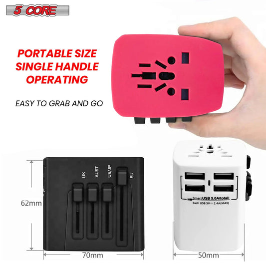 A boxed set of three 5Core universal travel adapters for use in over 150 countries.
