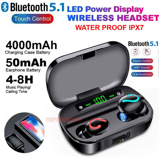 Black Bluetooth 5.1 TWS earbuds shown in and out of their charging case”, “Mini wireless stereo earphones for phone calls and mus