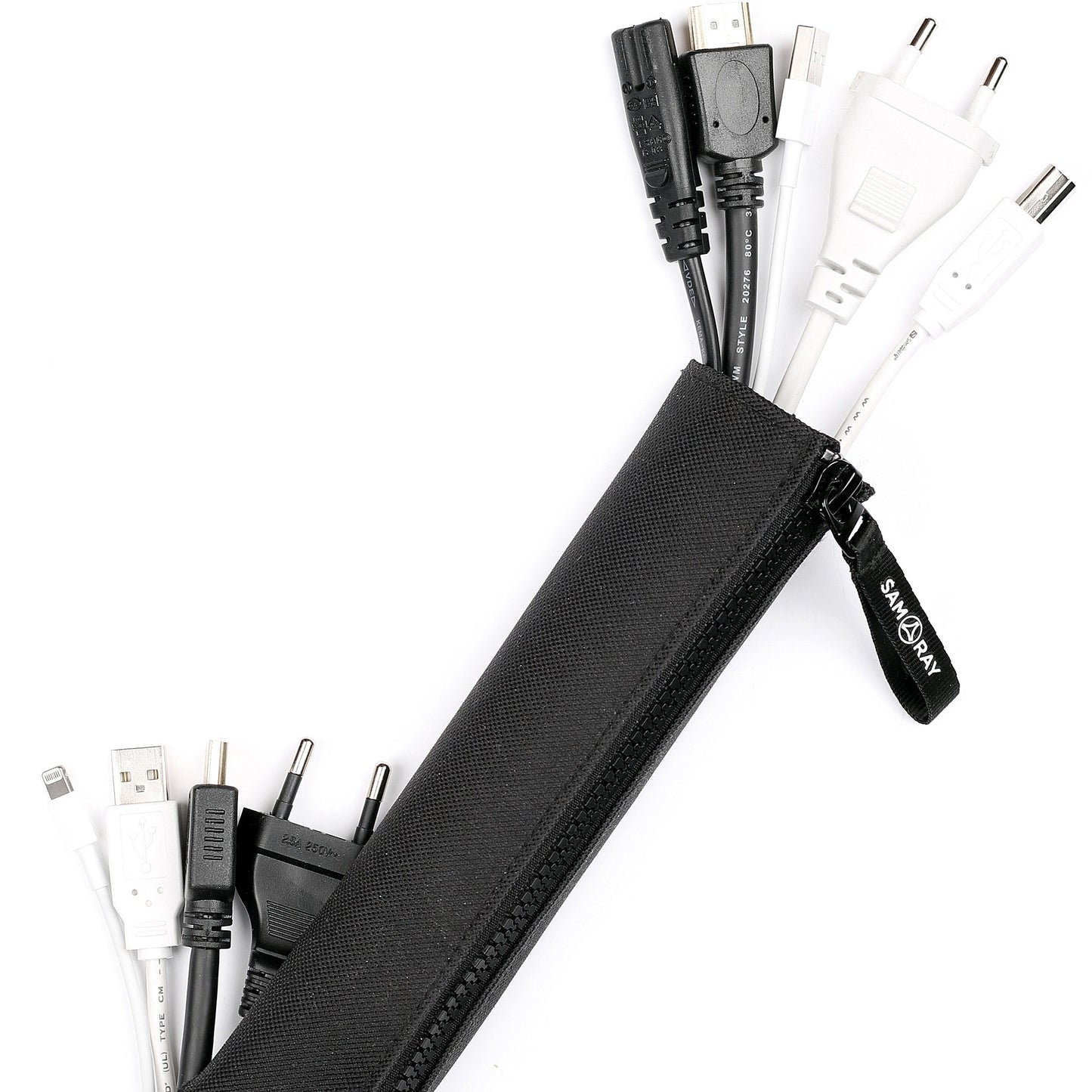 Cable organizer sleeve holding USB-C and Lightning cables
