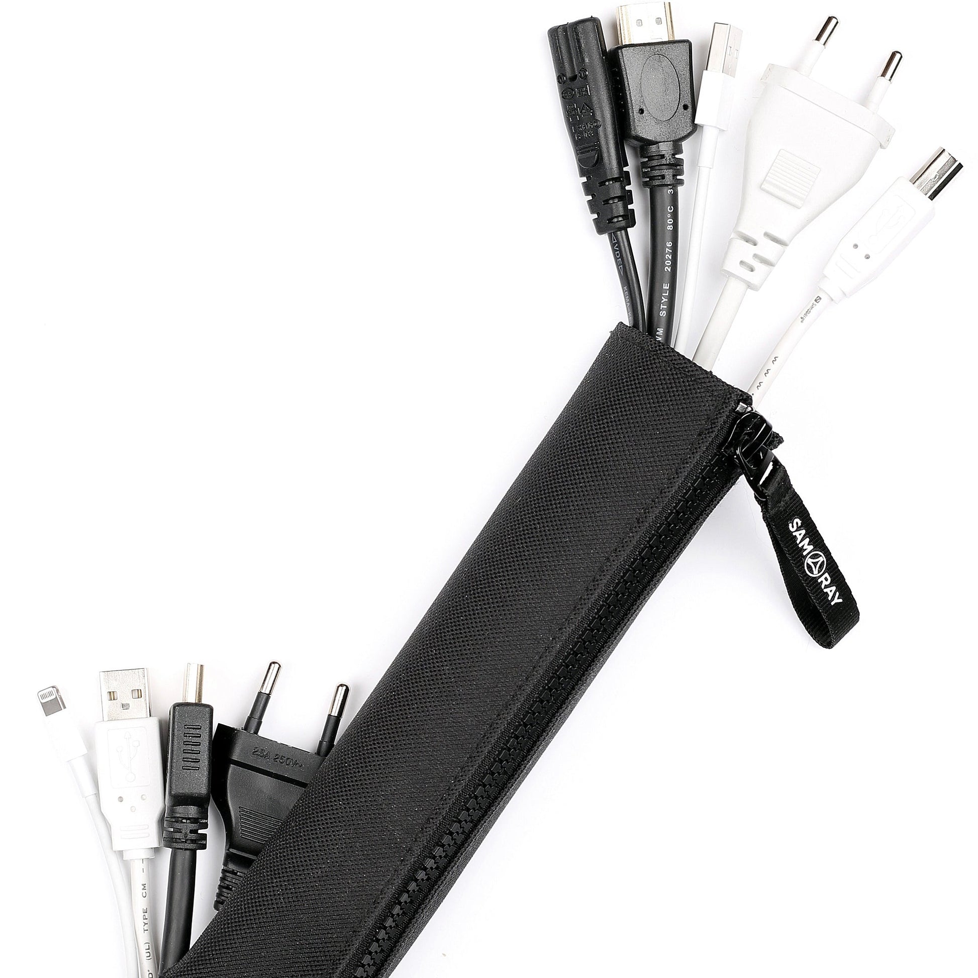 Cable organizer sleeve holding USB-C and Lightning cables