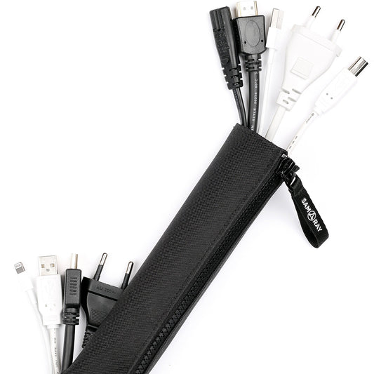 Cable organizer sleeve holding USB-C and Lightning cables