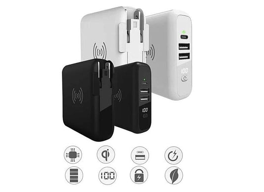The Global Gadget World Travel Charger with all international plugs extended and USB ports visible.