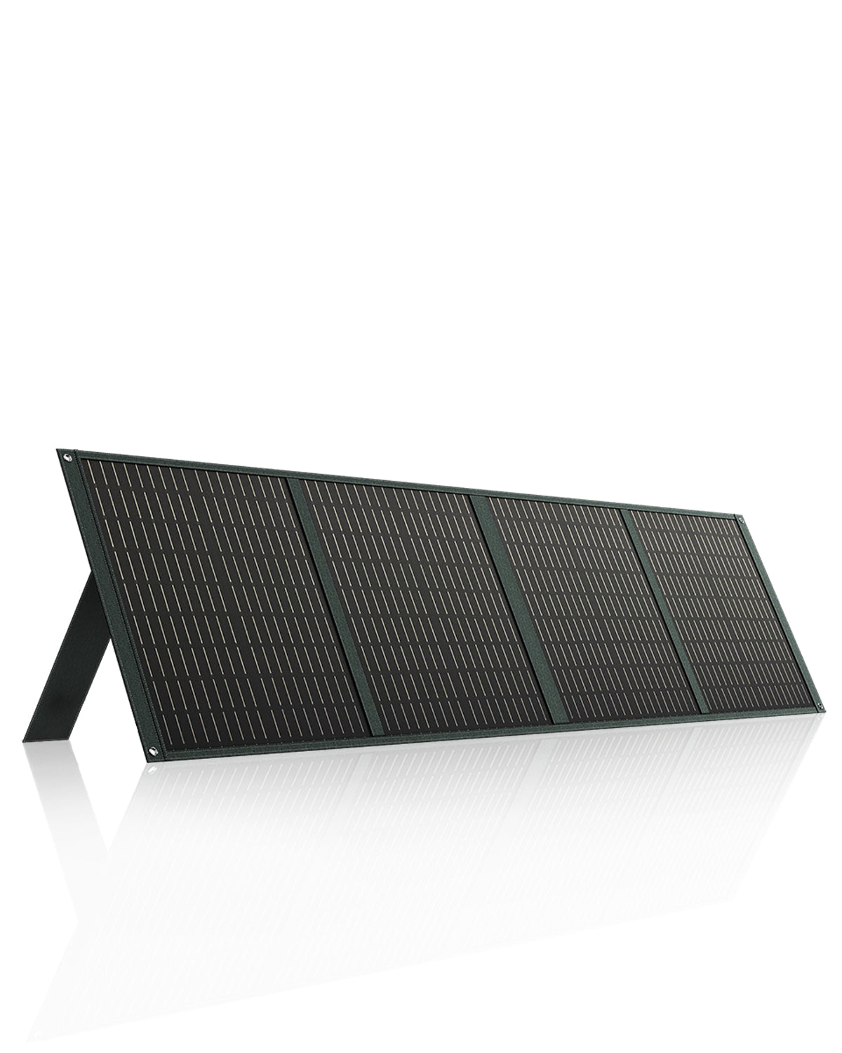 Powerwin 110W foldable solar panel opened on a grassy field, showing its four panels and carrying han