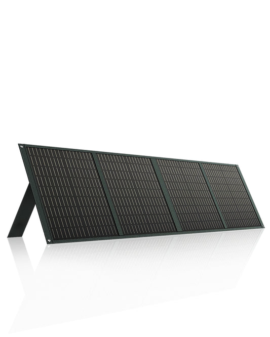 Powerwin 110W foldable solar panel opened on a grassy field, showing its four panels and carrying han