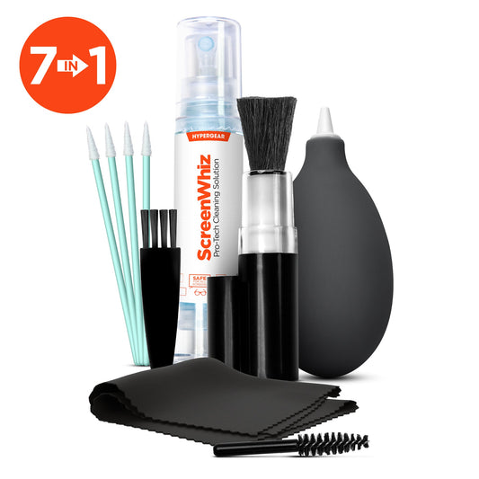 HyperGear 7-in-1 tech cleaning kit with spray, brush, and microfiber cloth