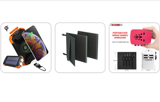 The Ultimate Nomad Power Kit bundle featuring a solar panel, portable power station, travel adapter, and cables arranged together for outdoor travel.