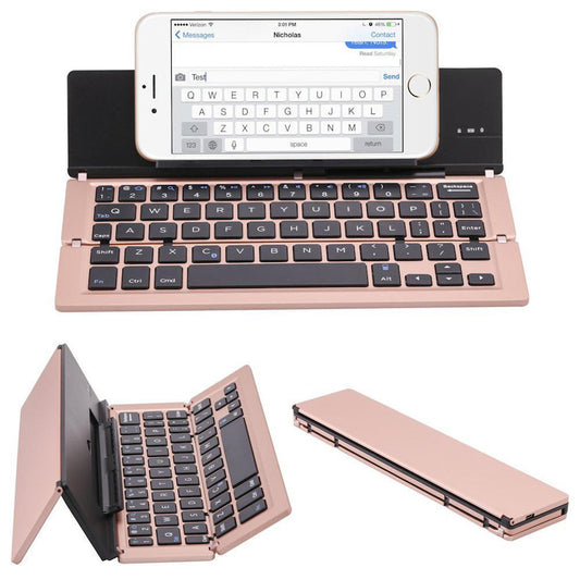 Ultra-thin folding Bluetooth keyboard shown open and ready to type